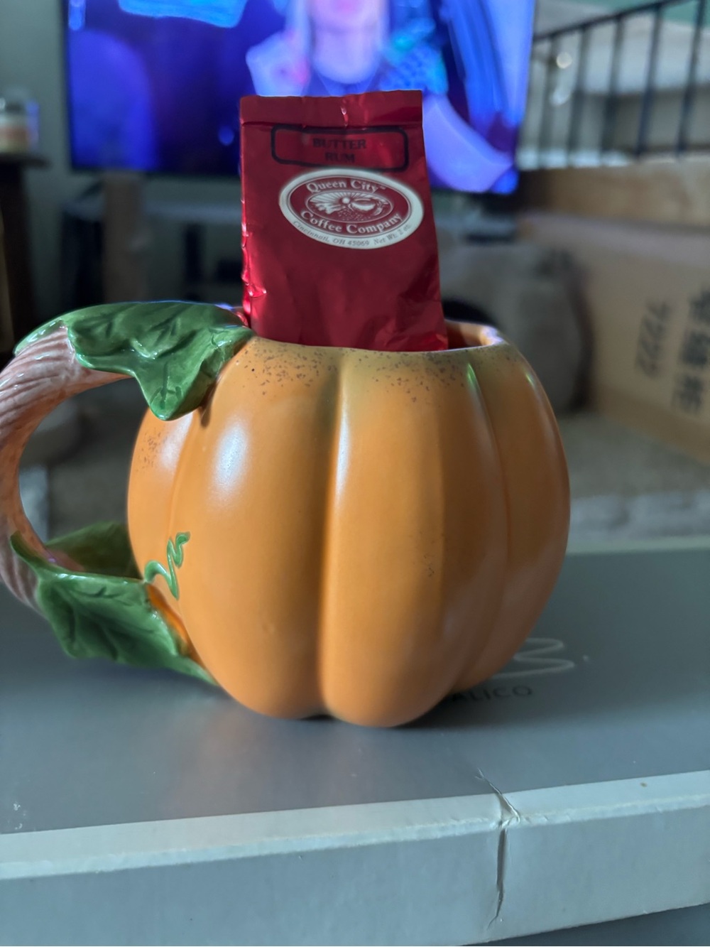 Hallmark Orange Pumpkin Ceramic Coffee Mug with Green Leaf Handle